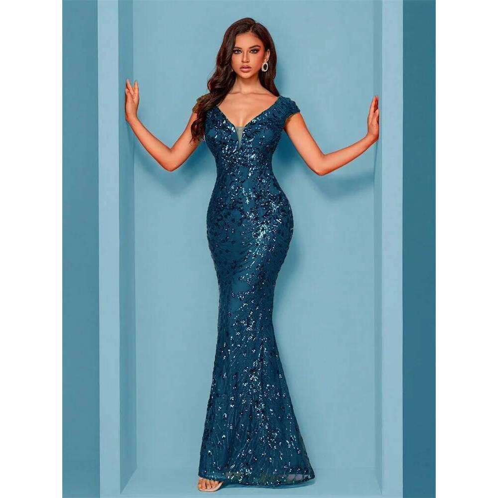 Elegant Blue Evening Dress For Women Long 2025 Mermaid Formal Sequins Prom Wedding Party tail Dresses