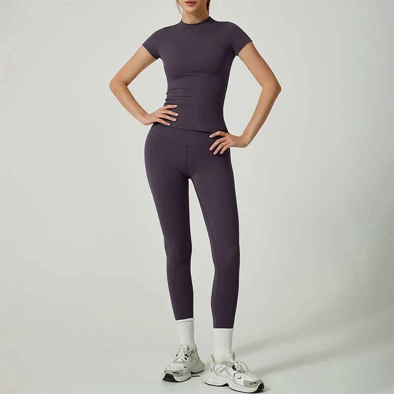 Two Piece Set Short Sleeve/Long Sleeve Fitted Top High-Waisted Leggings Active Yoga Wear Workout Clothes for Women Fiess