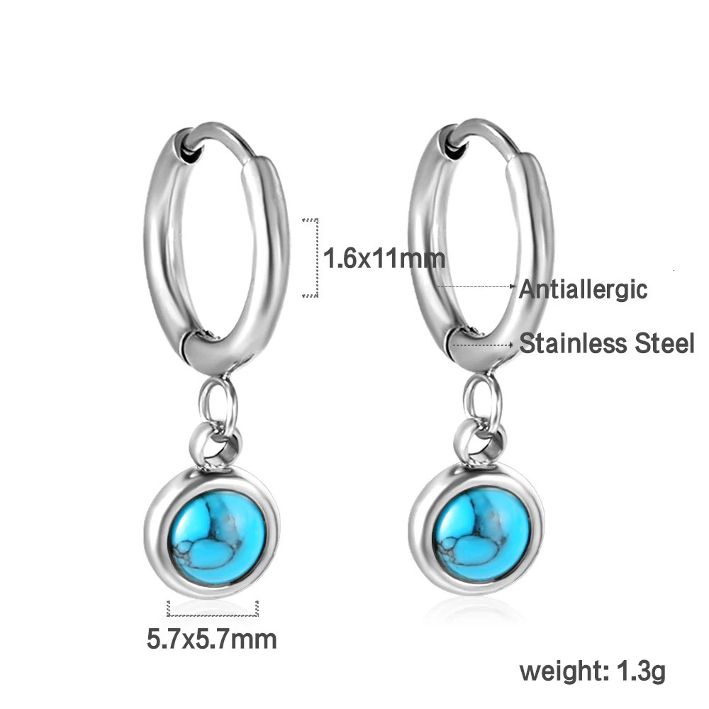 LUXUSTEEL Boho Stainless Steel Hoop Earrings Turquoise Blue Stone Charm Drop Earring For Women Girls France Chic Jewelry 250610