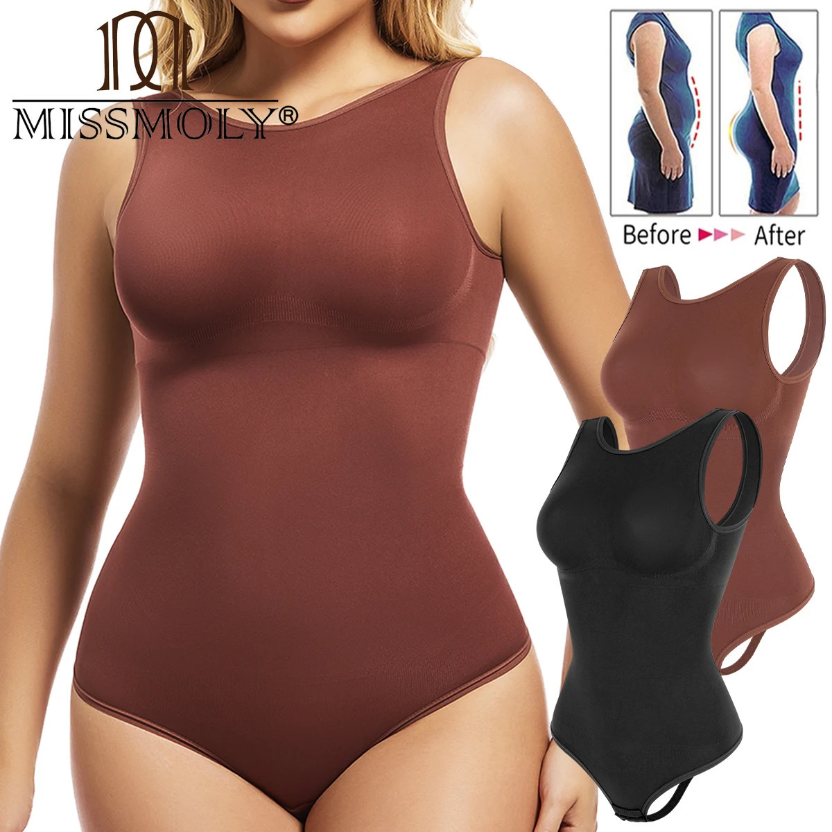 MISSMOLY Women Body Shaper Round Neck Backless Tank Tops Waist Trainer Tummy Control Shapewear Thong Butt Lifter Bodysuits 250610