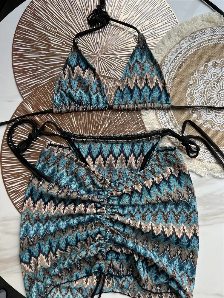 y n Womens Swimsuit Colored Maple Leaves Knitted Bikini Skirt ThreePiece Set Split 250609