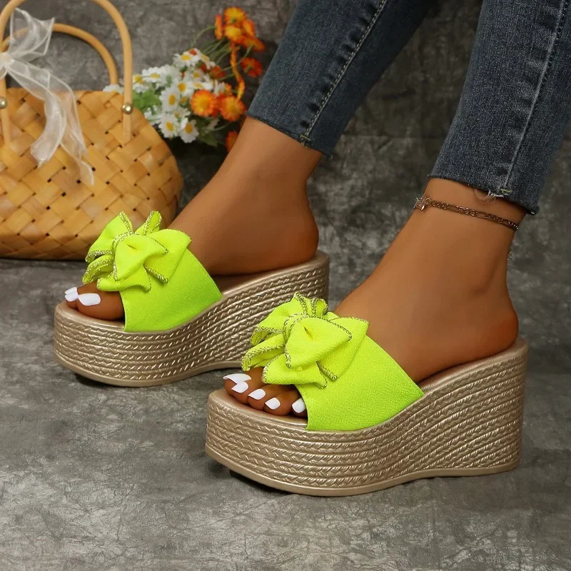 Fashionable high-heeled slippers elegant summer bow casual and comfortable large-sized high-quality wedge heel womens shoes 250609