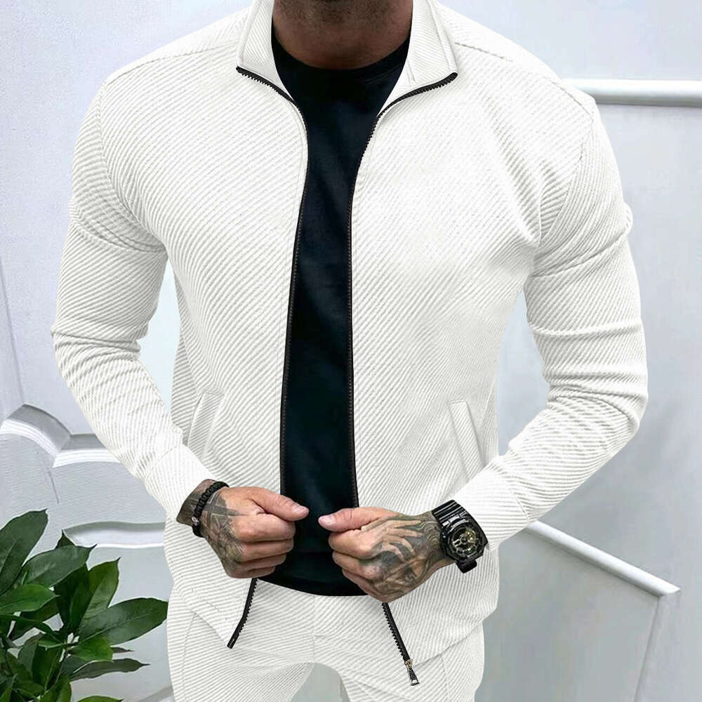 Men's Fashion Autumn Winter New Twill Jacquard Long Sleeve Slim Fit Zipper Jacket Coat B5