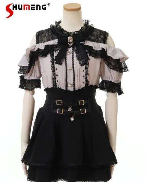Japanese Mine Style Sweet Off-Shoulder Ruffle Color-Blocking Bow Shirt Short Sleeve Lace Blouses Women Blusas Top