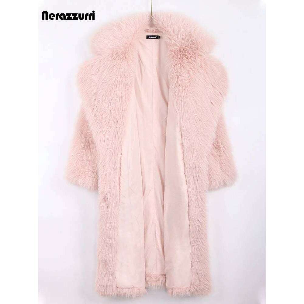 Nerazzurri Winter Long Pink White Black Oversized Shaggy Hairy Thick Warm Soft Stylish Fluffy Faux Fur Coat Women Lapel Pockets