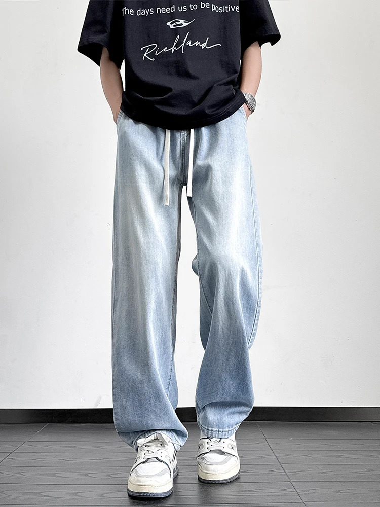 Summer Mens Jeans Korean Fashion Lightweight Lyocell Cotton Straight Denim Pants Loose Fit Wide Leg Trousers 250610