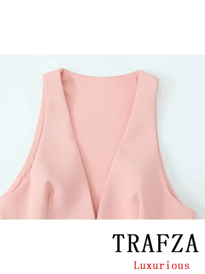 TRAFZA Vintage Chic Solid Women Suit V Neck Sleeveless Sashes Vest Blazer Straight Shorts Fashion Summer Office Sets 250610