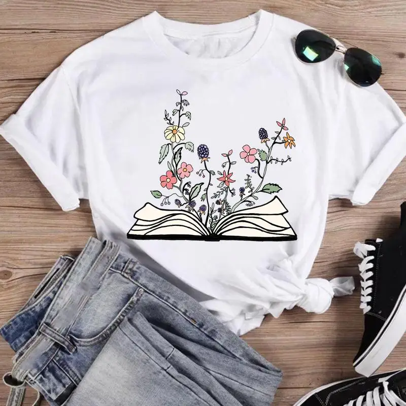 Print Fashion Watercolor Spring Flower Designer T-shirts Women Cartoon Short Sleeve Graphic Tops Summer 100% Cotton O-neck Female Clothing 2025 New