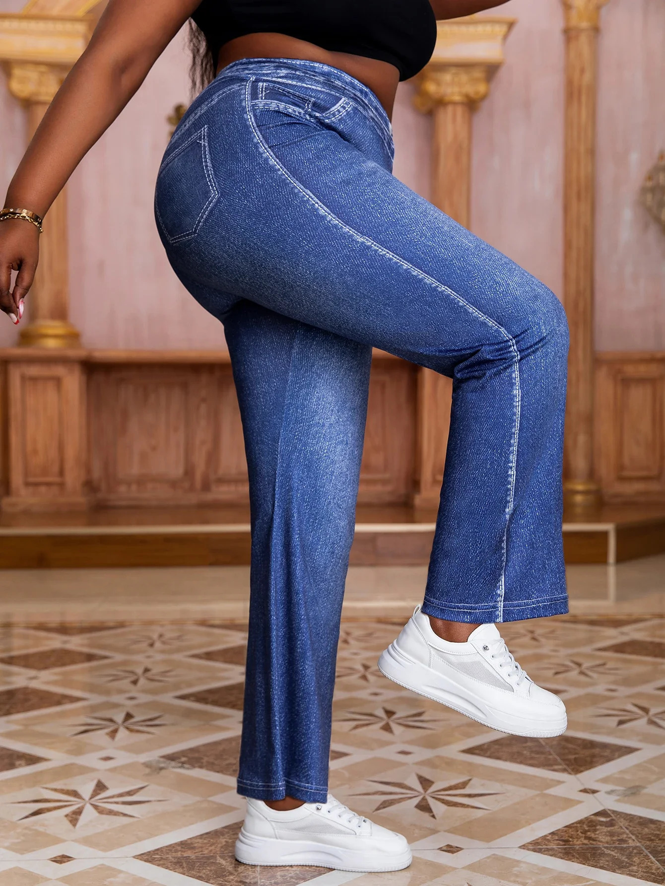 Plus Size Womens MidRise Knit Wide Leg Pants with High Stretch and Stylish Faux Denim Print Comfortable Casual Trousers 250609