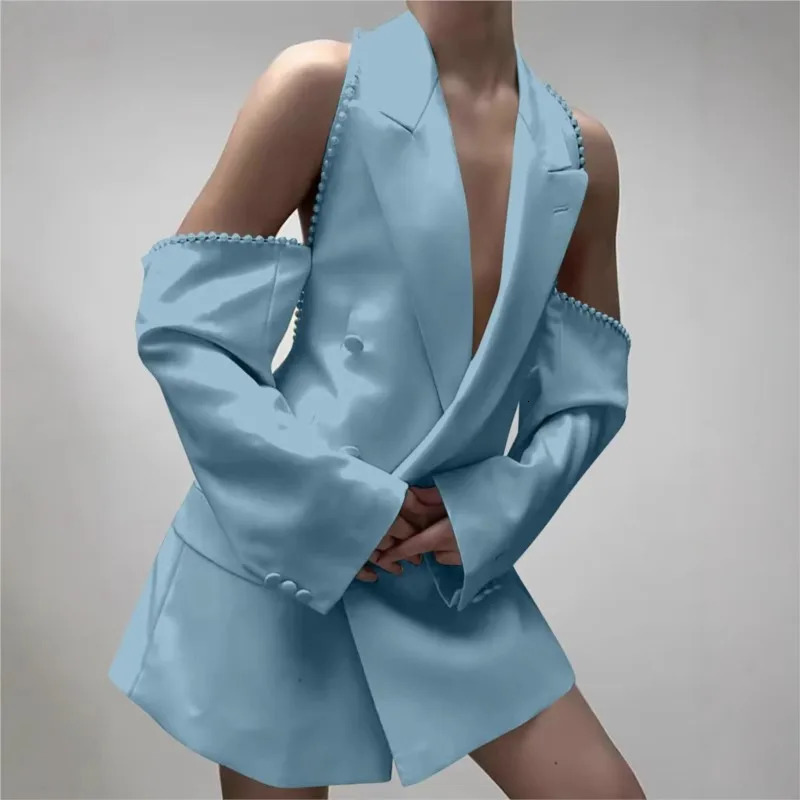 2005 Womens Sexy White Suits Spring Fall Offshoulder Beaded Sleeves Deep Vneck Fashion Suit Jacket For Women Streetwear 250610