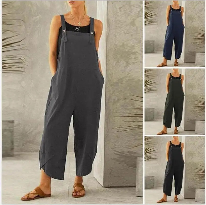 Womens nine point suspender pants jumpsuit European and American womens solid color casual 250609