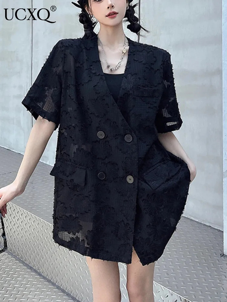 UCXQ Casual Blazer For Women Vneck Short Sleeve Jacquard Hollow Out Patchwork Versatile Female Suit Coat 23Z1497 250610