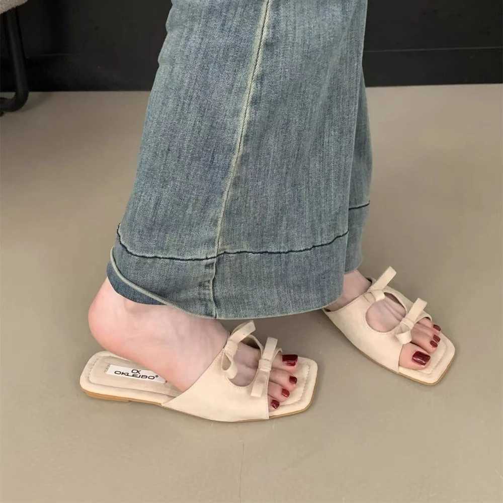 Fi Butterfly-Knot Ladies Flats Slippers Shoes Female Square Toe Summer Beach Slides Slippers Sandals Shoes For WomenXJ250610
