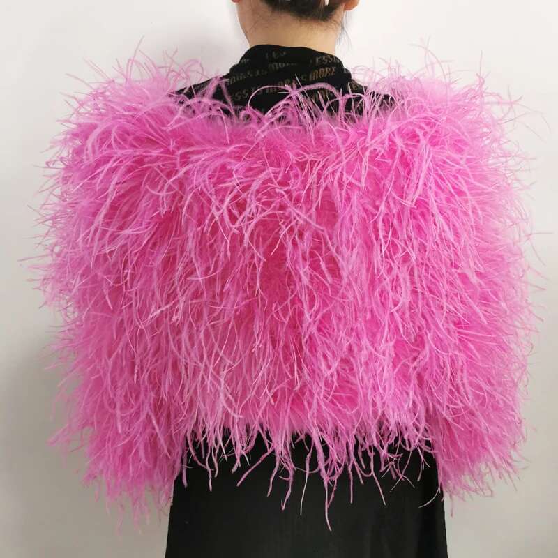 Fashion Sexy 100% Ostrich Feather Boat Neck Design Women's Off Shoulder Short Length 40 Cm Party Real Fur Coat Jacket