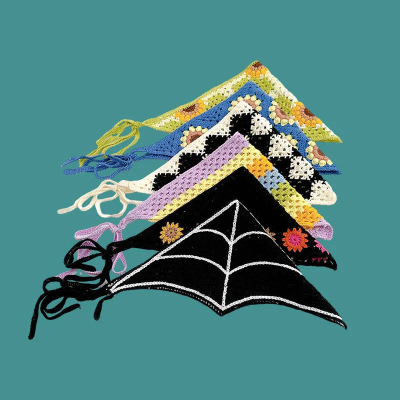 French Vintage Knitted Triangle Scarf Womens Fashion Crochet Cut-out Headband Hair Bands 250610