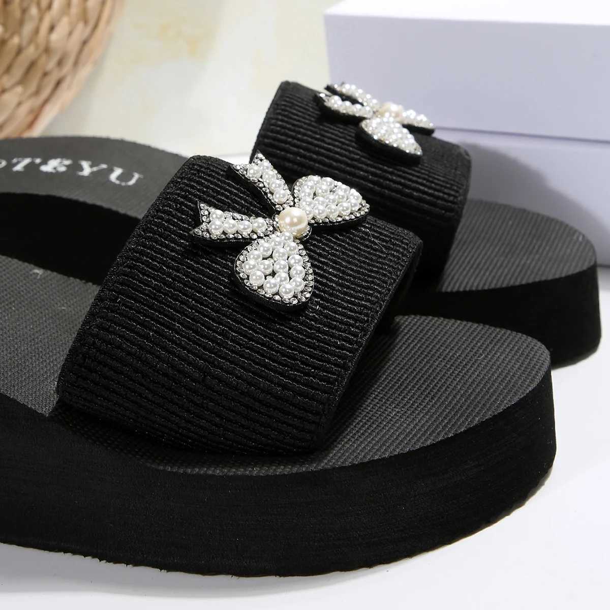 Pearl Bowtie Decor Wedge Slippers Women 2025 Summer Thick Bottom Platform Sandals Woman Lightweight N Slip Beach Slides Mujer XJ250610