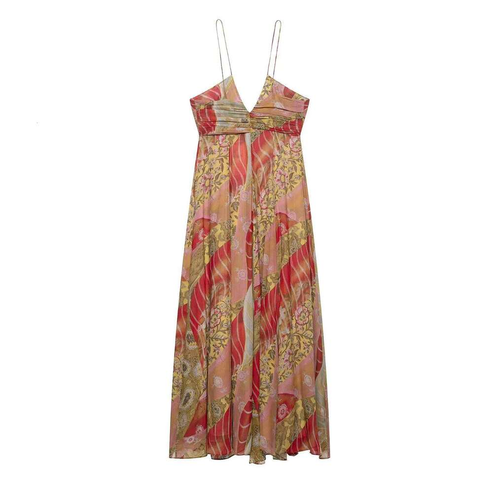 TRAFZA Women Bohemian Vintage Print Cami Backless Midi New 2025 Summer Fashion Beach Party Date Holiday Mujer Dress