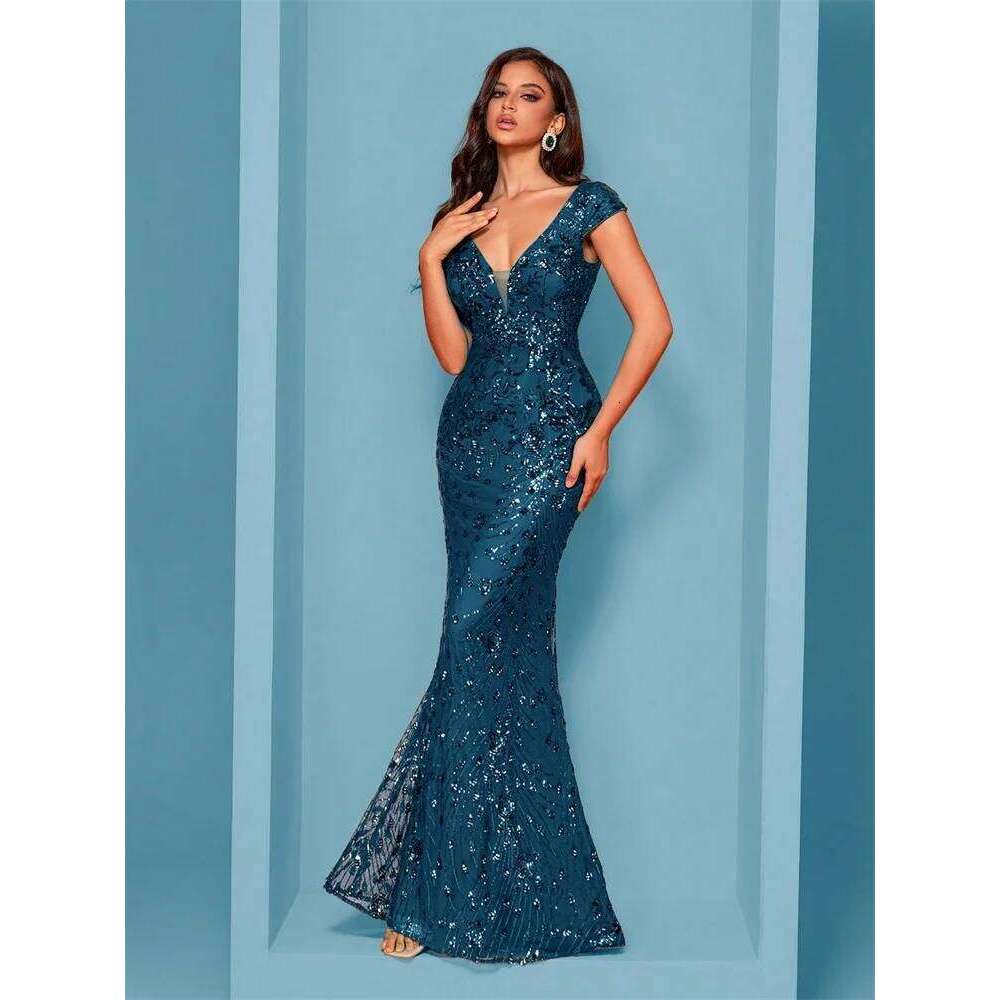 Elegant Blue Evening Dress For Women Long 2025 Mermaid Formal Sequins Prom Wedding Party tail Dresses