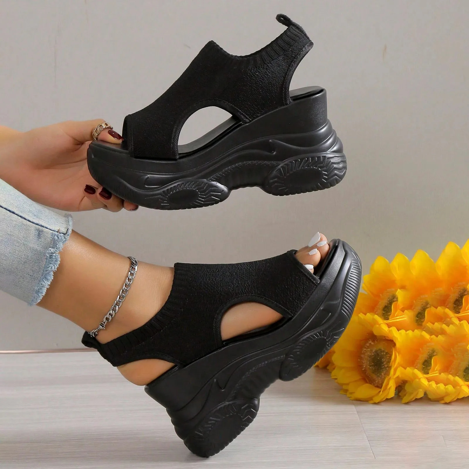 Thick Soled Sandals For Women Summer Mesh Breathable Peep Toe Sloping Heel Sandals Plus Size Sports Walking Mesh Flat Shoes 250609