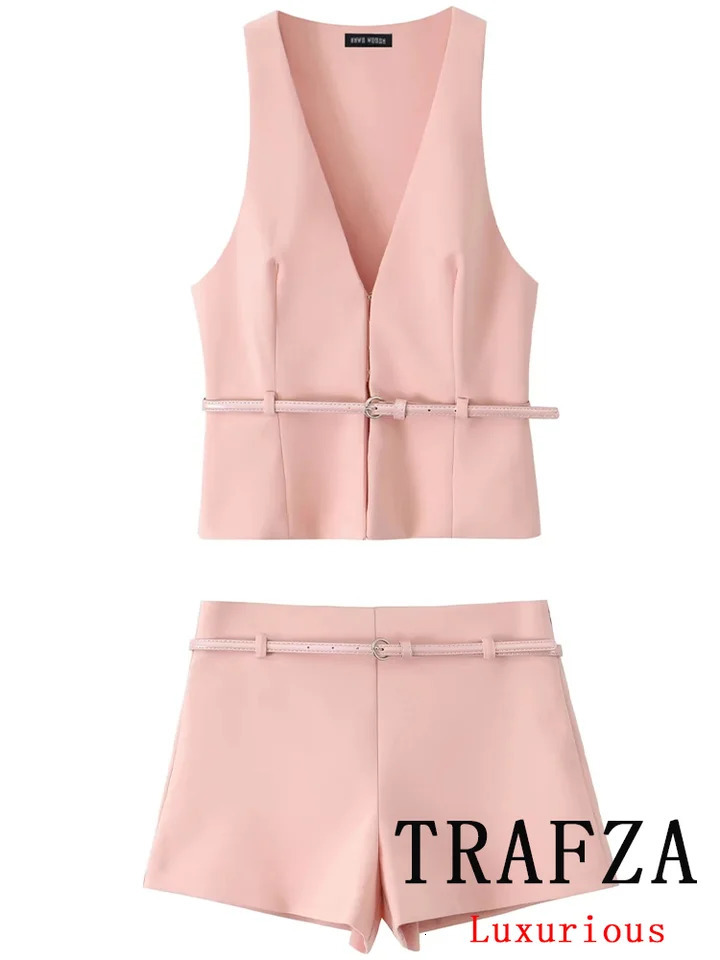 TRAFZA Vintage Chic Solid Women Suit V Neck Sleeveless Sashes Vest Blazer Straight Shorts Fashion Summer Office Sets 250610