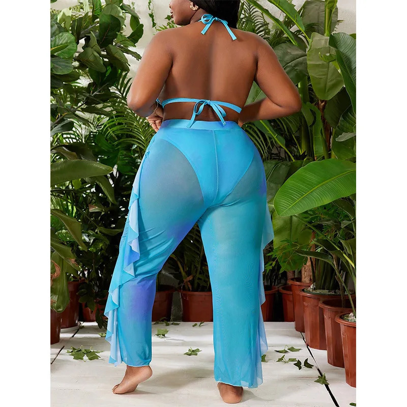 Solid Color Plus Size Split Swimsuit Womens Bikini Three Piece Set Sexy Gathering Pants Casual Y2k 250530