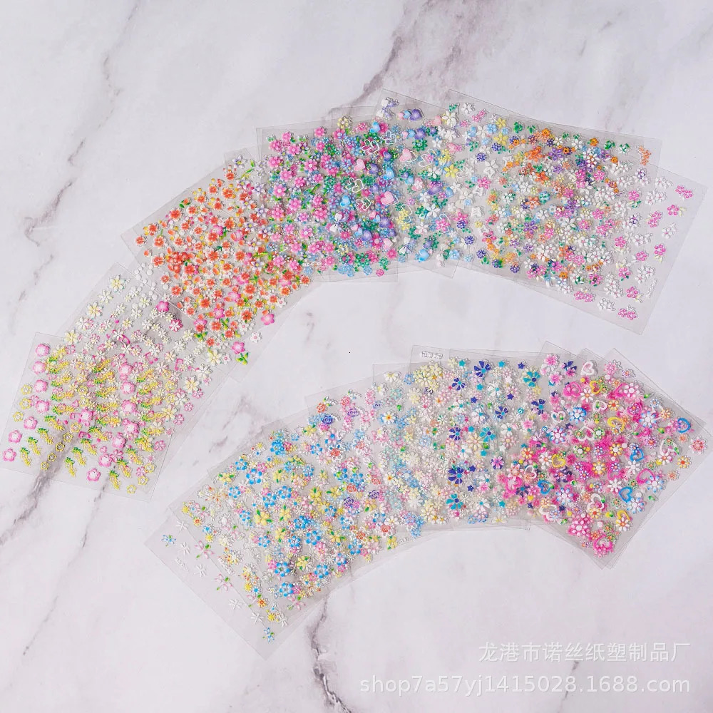 3D Colorful Flowers Cherry Blossoms Rose Daisy Nail Decals 2030607090pcs Cute Heart Sticker Manicure Decoration 556cm 250605