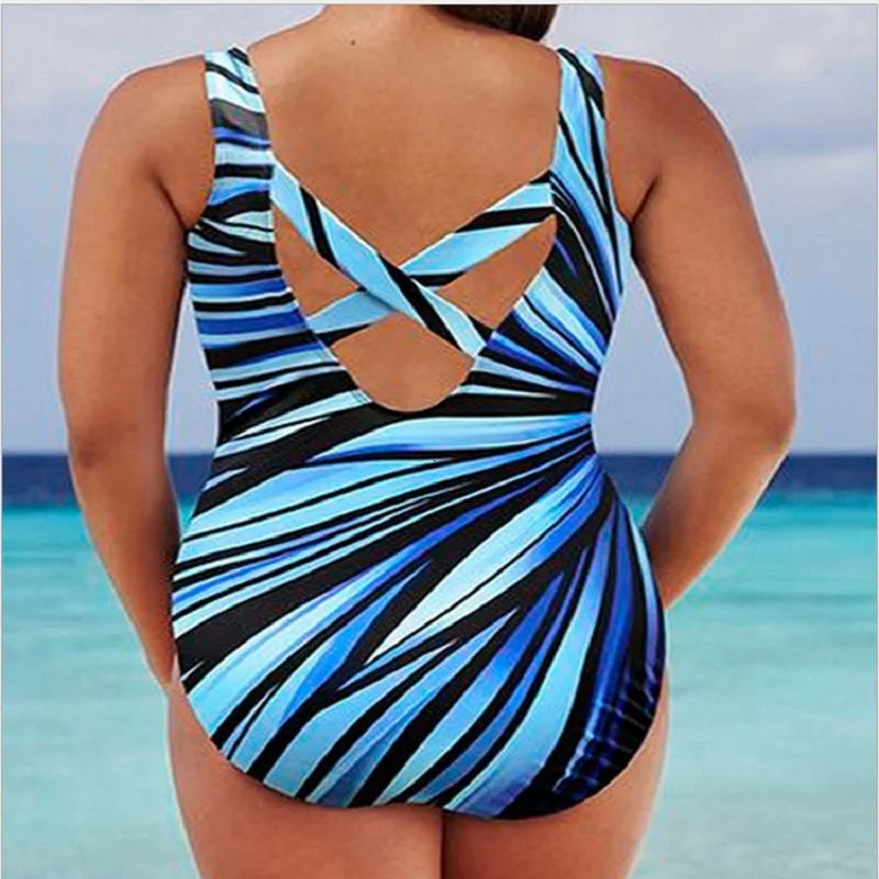 Plus Size Swimsuit Womens Bikini Oversized Beachwear Tankini Large Talla Grande Swimwear With Tropical Striped Print 250530