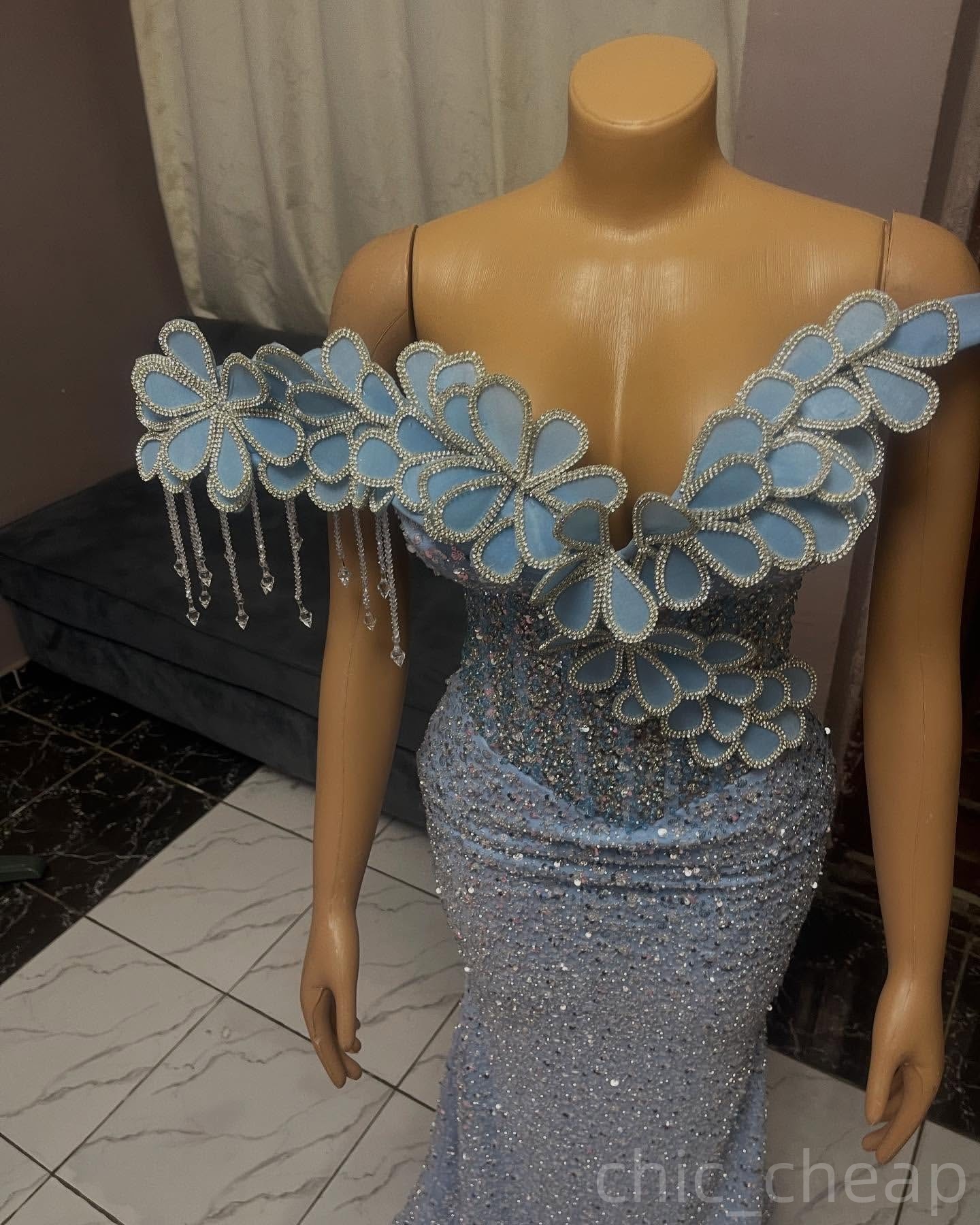 Light Sky Blue Mermaid Prom Dresses 2025 Flowers Crystals Sequined Evening Formal Party Second Birthday Engagement Gowns Plus Size Dress For Special O
