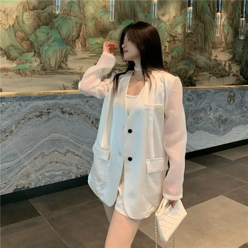 Summer Women Fashion Patchwork Thin White Gauze Suit Jacket Casual Loose VNeck SingleBreasted Long Sleeve Female Blazers Coat 250610