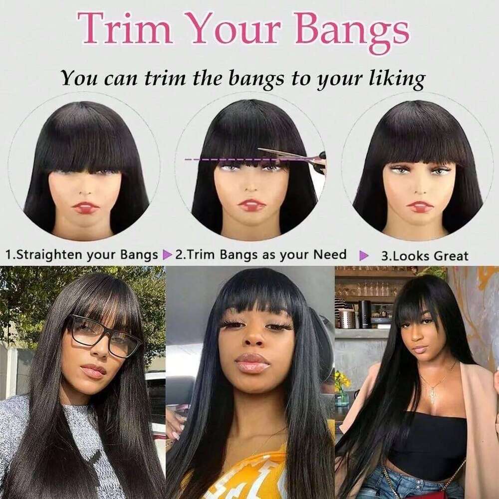 Bone Straight Human Hair Full hine Made With Bangs 30 Inch High Density Black Wig Glueless Brazilian Wigs On Sale Women