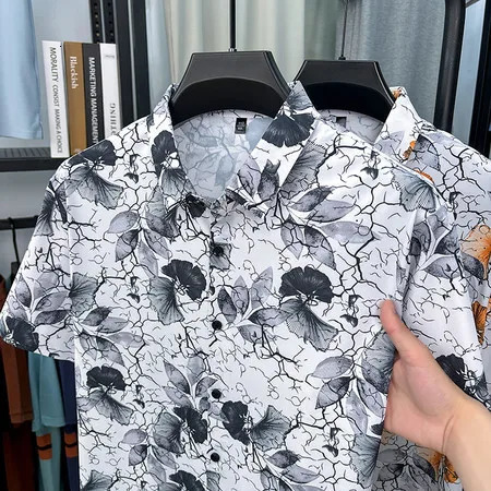 Summer Men Short Sleeve Hawaiian Shirt Casual Polyester Cotton Blend Shirt 250606
