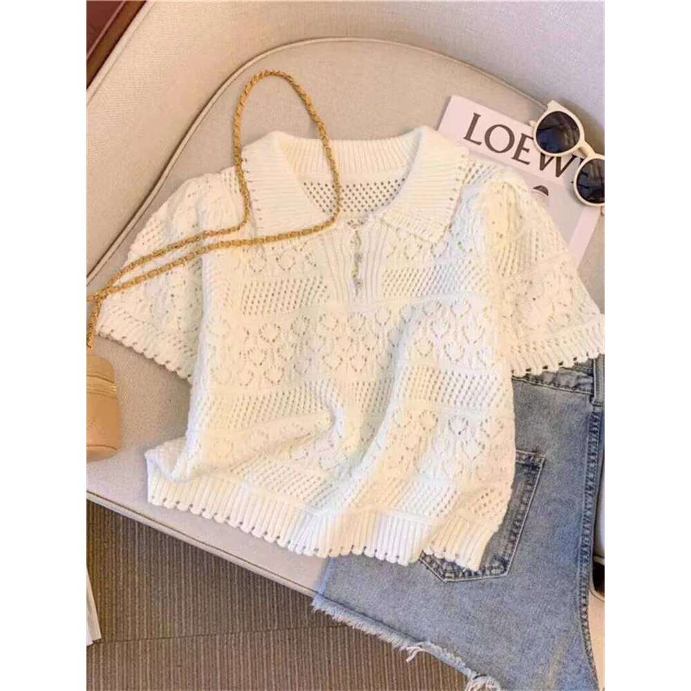 Sweet Sle Short Sleeve Knitted Shirt 2025 New Summer Hollow Out Crochet Design Thin Pullover Top Women's Blouse