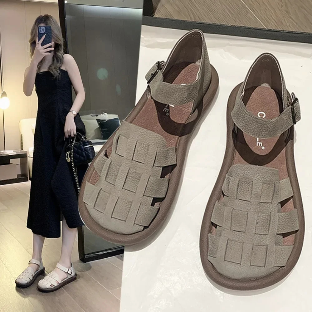 Womens Summer Zapatillas De Mujer Shoes Square Toe Flat Sandals Leather Women Gladiator Sandals Slip on Ladies Beach Shoes 250609