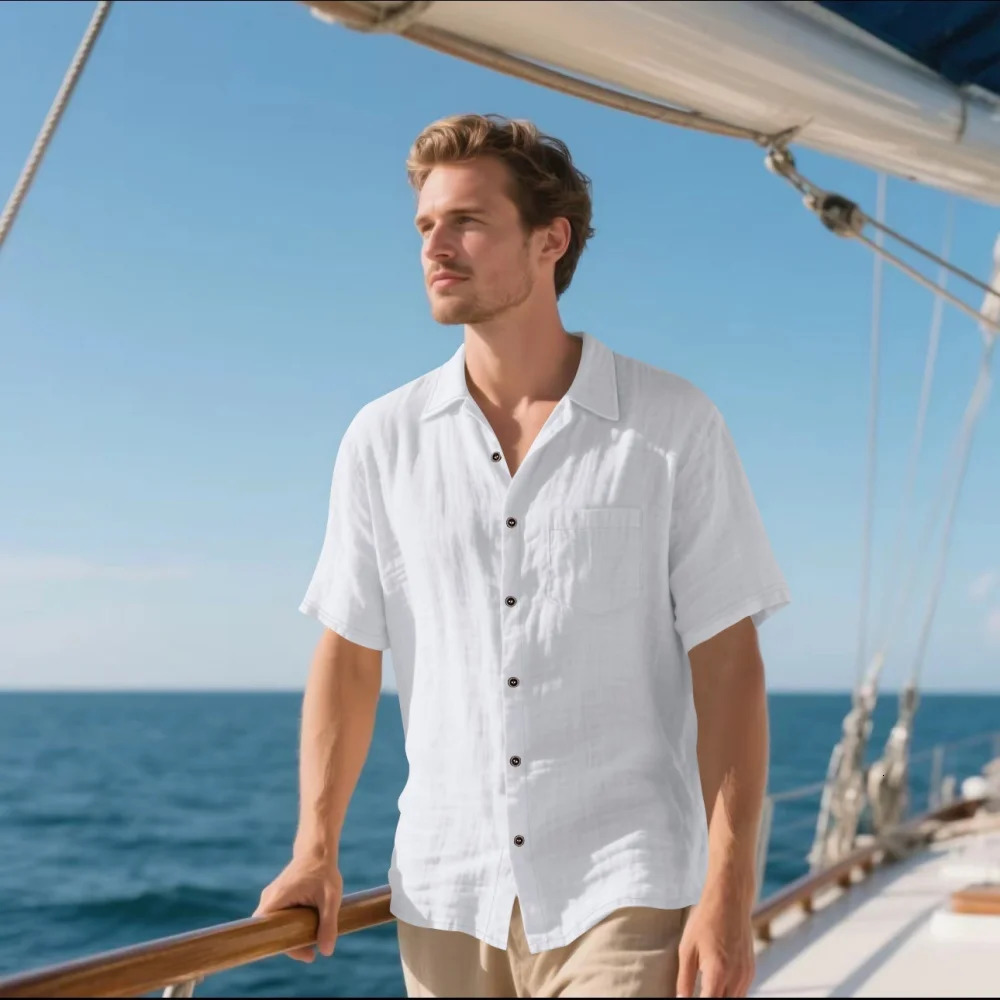 Mens Summer Hawaiian Casual Short-Sleeved Shirt Retro Cotton Linen Comfortable Breathable Solid-Color Pocket Lapel Shirt Top 250606