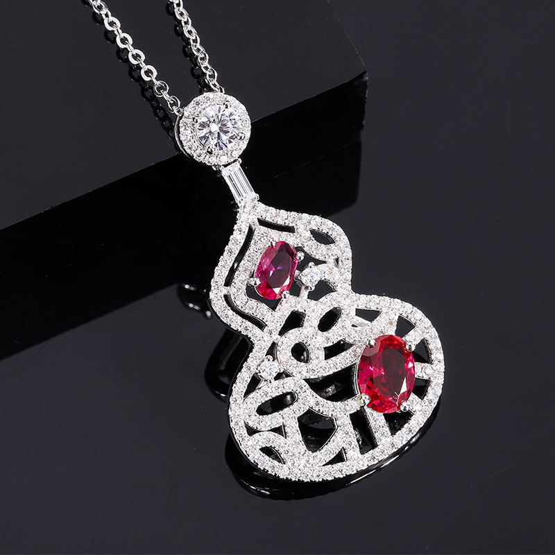 S925 Silver Faux Colored Gemstone Full Diamond Gourd Hollow Pendant Necklace, 6x8mm Main Stone, Exquisite Fashion Luxury Design, Perfect for Any Occas