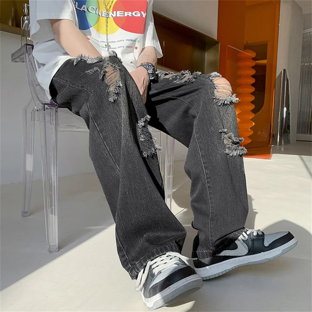 Summer Blue Black Ripped Jeans Men Fashion Casual Wide Leg Jeans Mens Streetwear Loose Hip Hop Straight Hole Denim Pants Men 250611