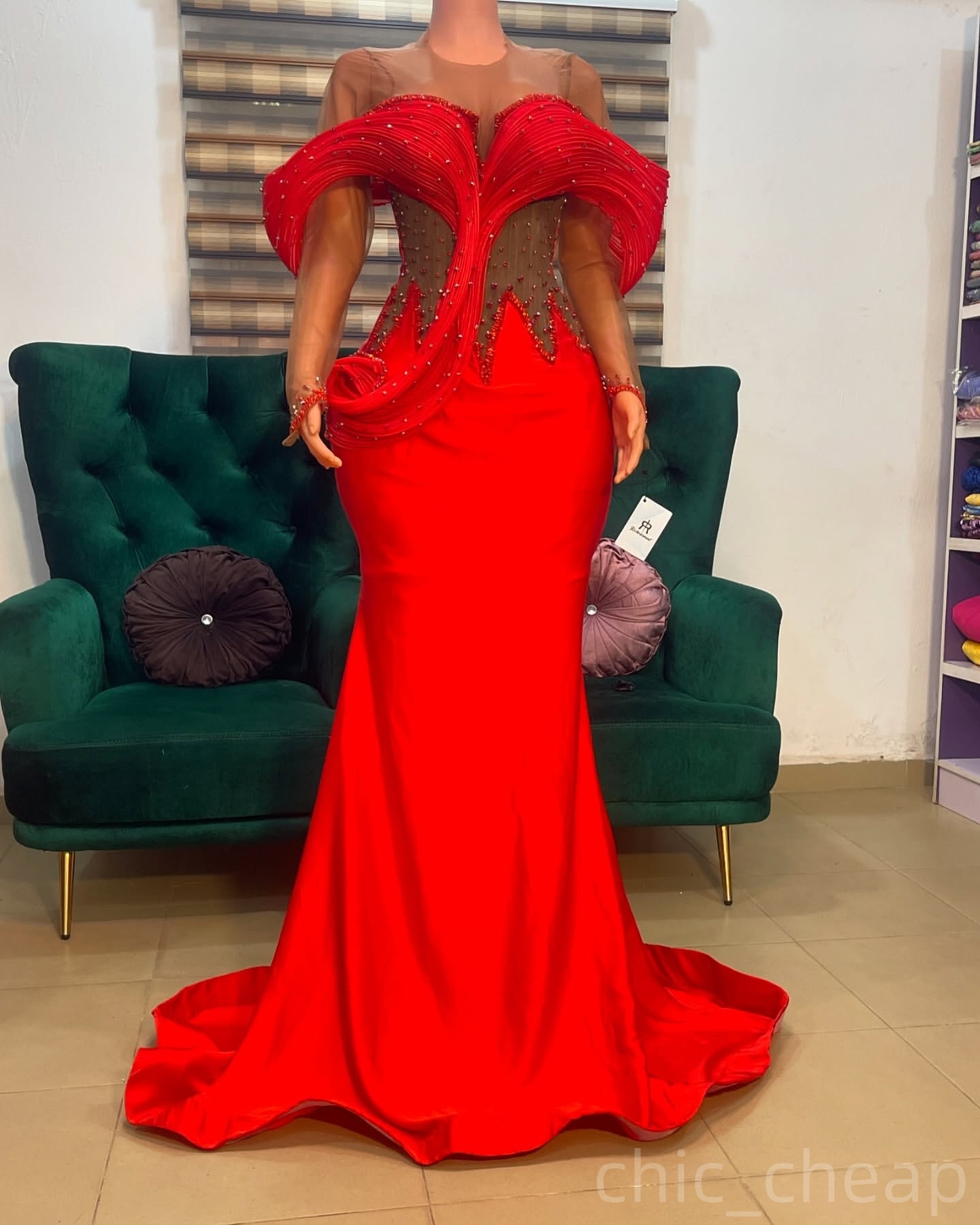 Red Mermaid Prom Dresses 2025 Beaded Crystals Satin Sheer Neck Evening Formal Party Second Birthday Engagement Gowns Plus Size Dress For Special Occas