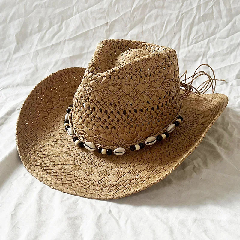 Handmade Women Men Straw Hat Summer Beach Shell Vintage Beads Hollow Out Western Wide Brim Sun Hat Fishing Holiday Bohemian Cap 250606
