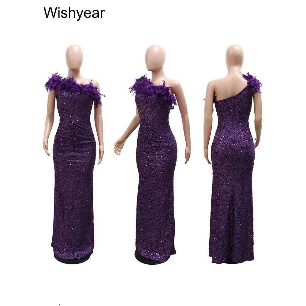 New Sequined Feather One Shoulder Sleeveless Slanted Collar Backless Purple Long Dress Women Birthday Party Event Gowns