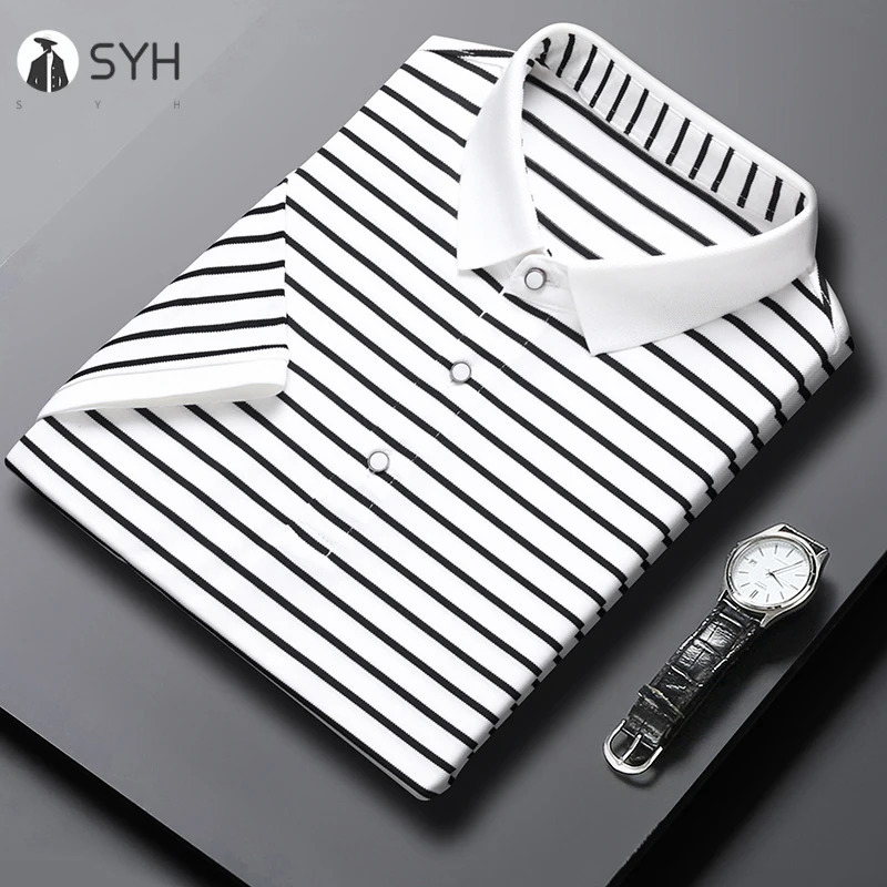 Mens Striped Cotton Business Casual Short Sleeve POLO Shirt Fashion Comfortable and Breathable Top 250610