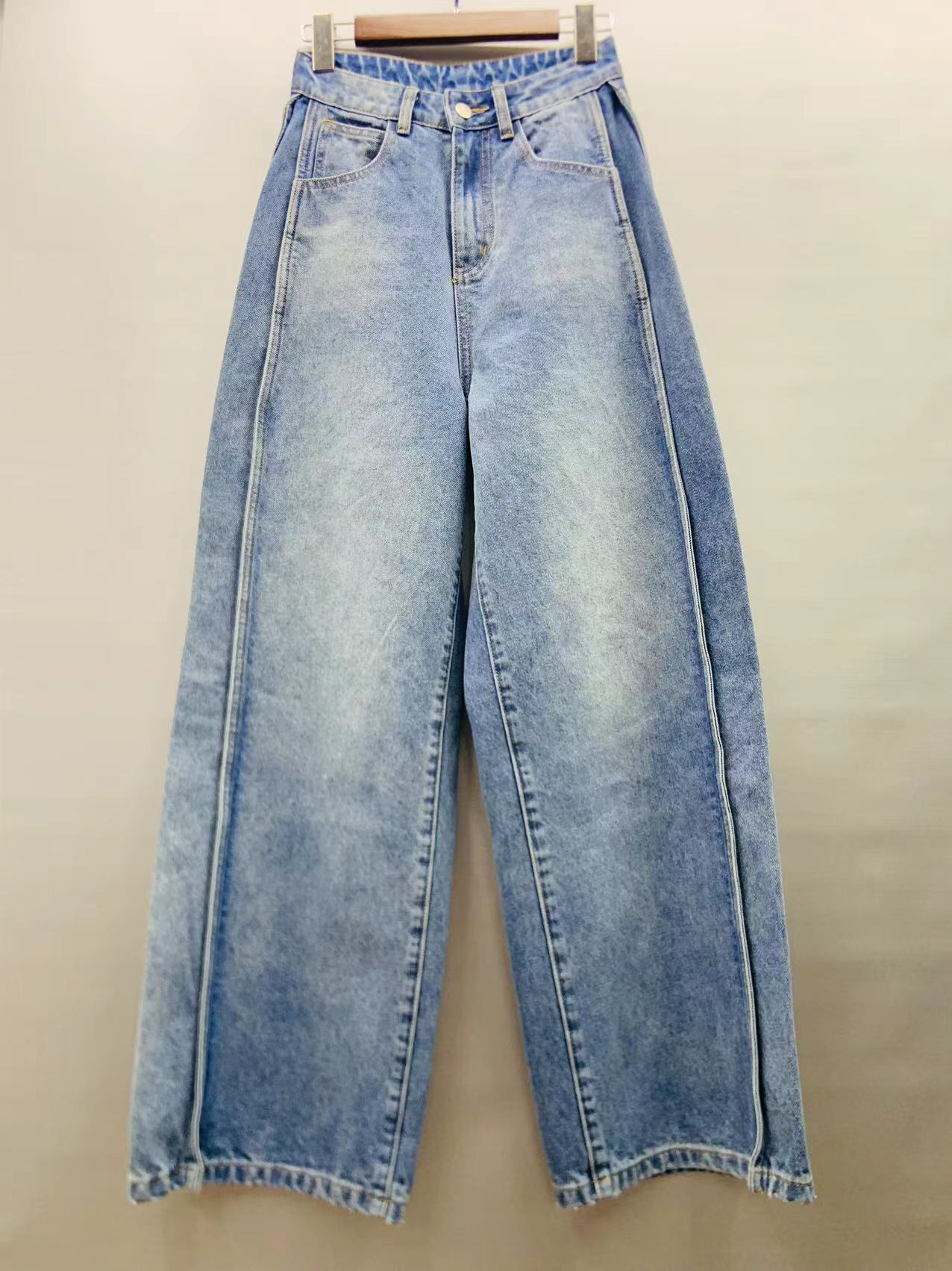 Factory Customized Wholesale Vintage Gray Washed High Waist Spliced Jeans 24-0803