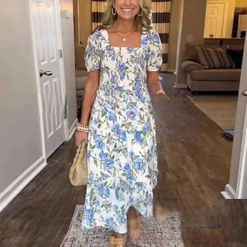 New Summer Print Puff Sleeve Long Dress Woman Beach Sweet Zipper Party Casual Square Collar Floral Bohemian Maxi Dresses