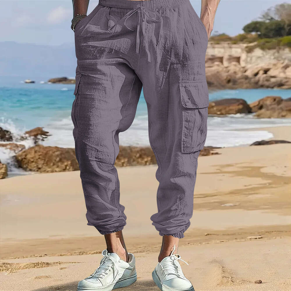 Men's Casual Jogger Pants With Multiple Pockets Drawstring, Solid Color, Loose Fit, Workwear Style, Spring And Autumn Cotton Linen B5