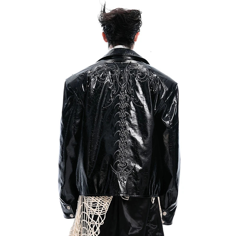 FEWQ Mens PU Leather Jackets Chine Rivet Embroidery Embroidery Turn-down Collar Solid Color Casual Male Coats 24K2833 250611