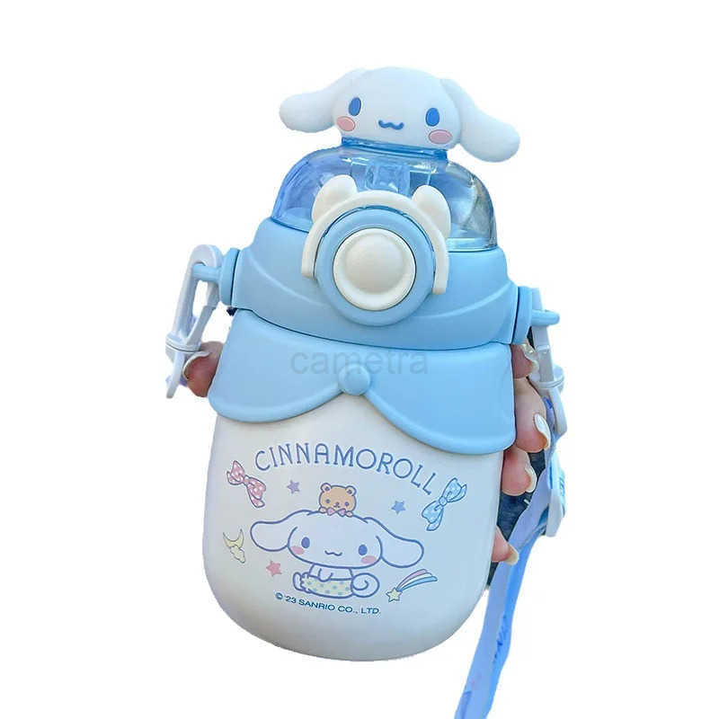 Sanrio Vacuum Cup Large Capacity Straw Stainless Steel Water Bottle Children School Portable Shoulder Thermos Cup Hello Kitty Girl Cute XJ250611