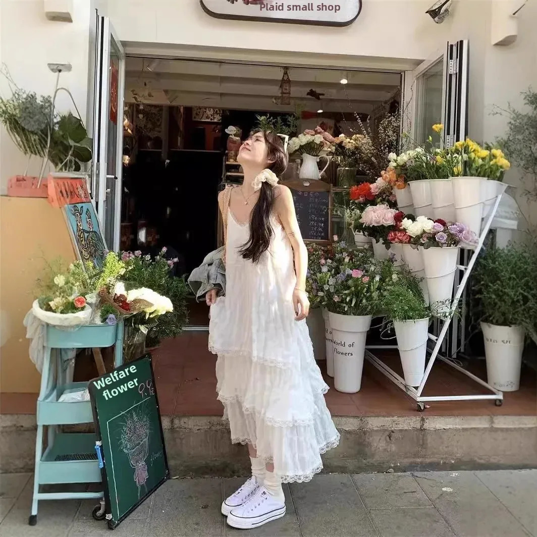 Sweet Youthful White French Strapless Dress Womens Summer Holiday Loose Cake Long Skirt Sleeveless Empire Waist Midi 250611