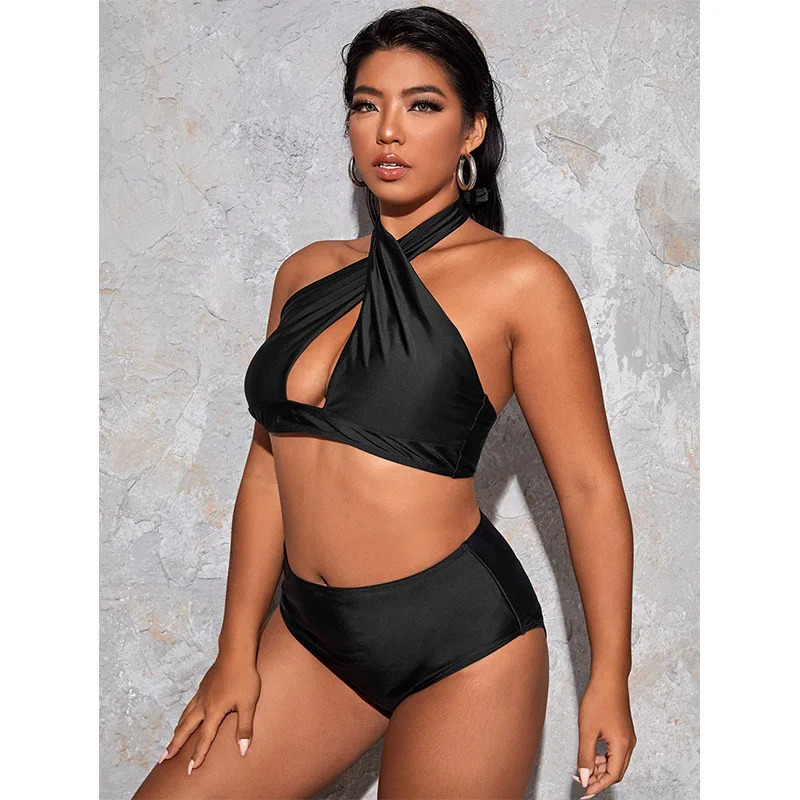 Hollow Out Solid Color Plus Size Split Swimsuit Womens High Waisted Bikini Collection Beach Style Y2k 250530