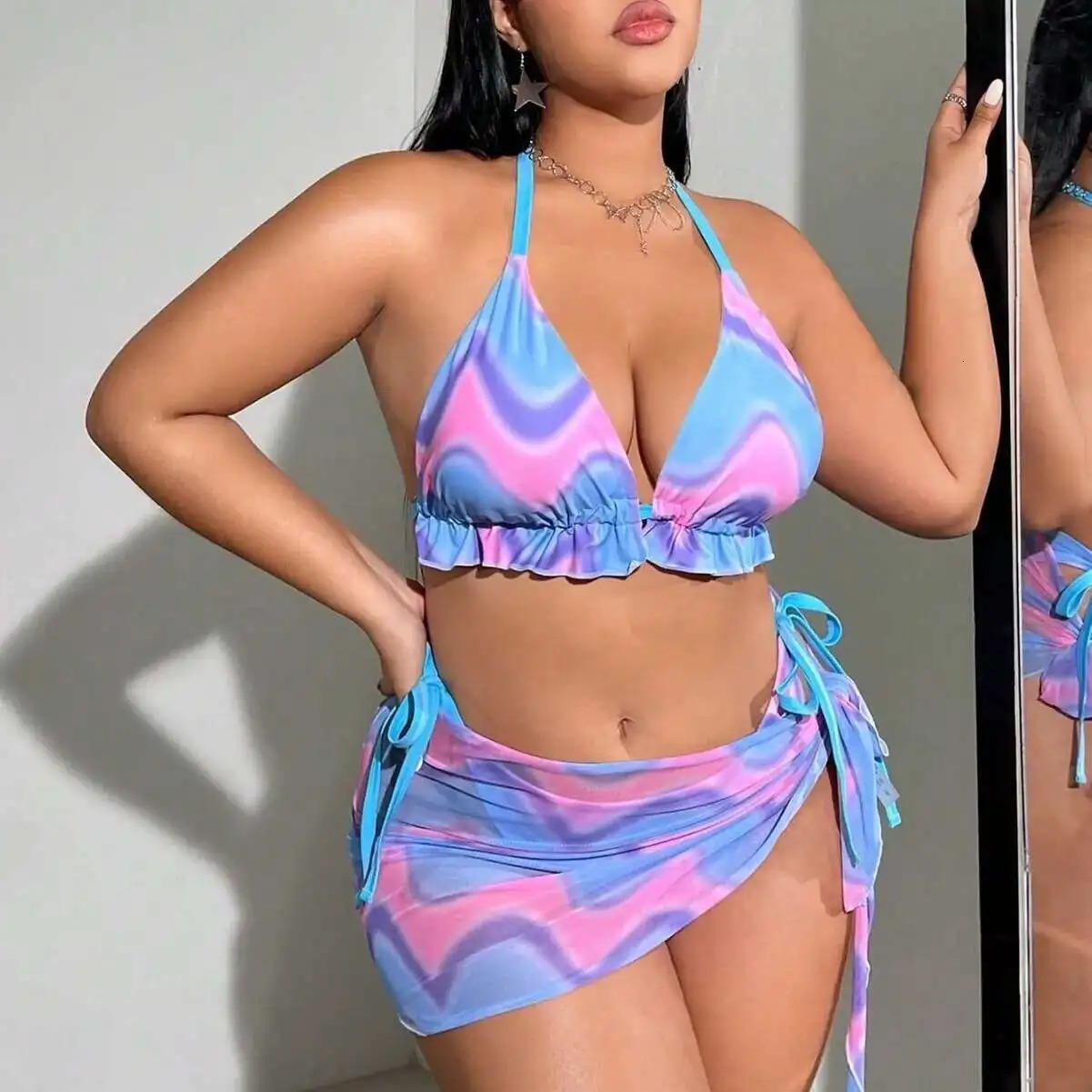Large Size Split Swimsuit Womens Sexy Bikini Three Piece Set with Printed Colors Elegantes Casual Y2k 250530