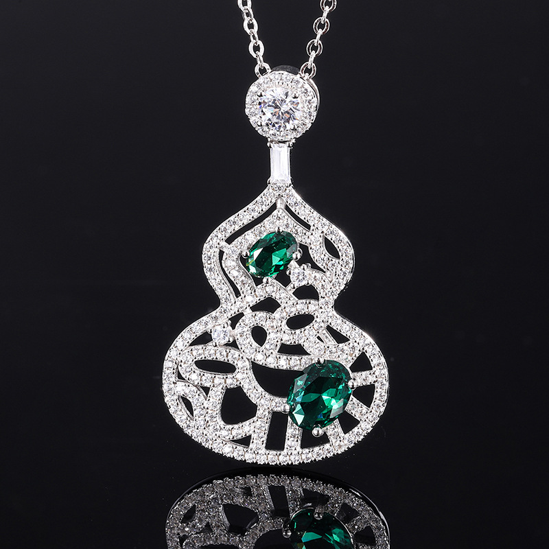 S925 Silver Faux Colored Gemstone Full Diamond Gourd Hollow Pendant Necklace, 6x8mm Main Stone, Exquisite Fashion Luxury Design, Perfect for Any Occas