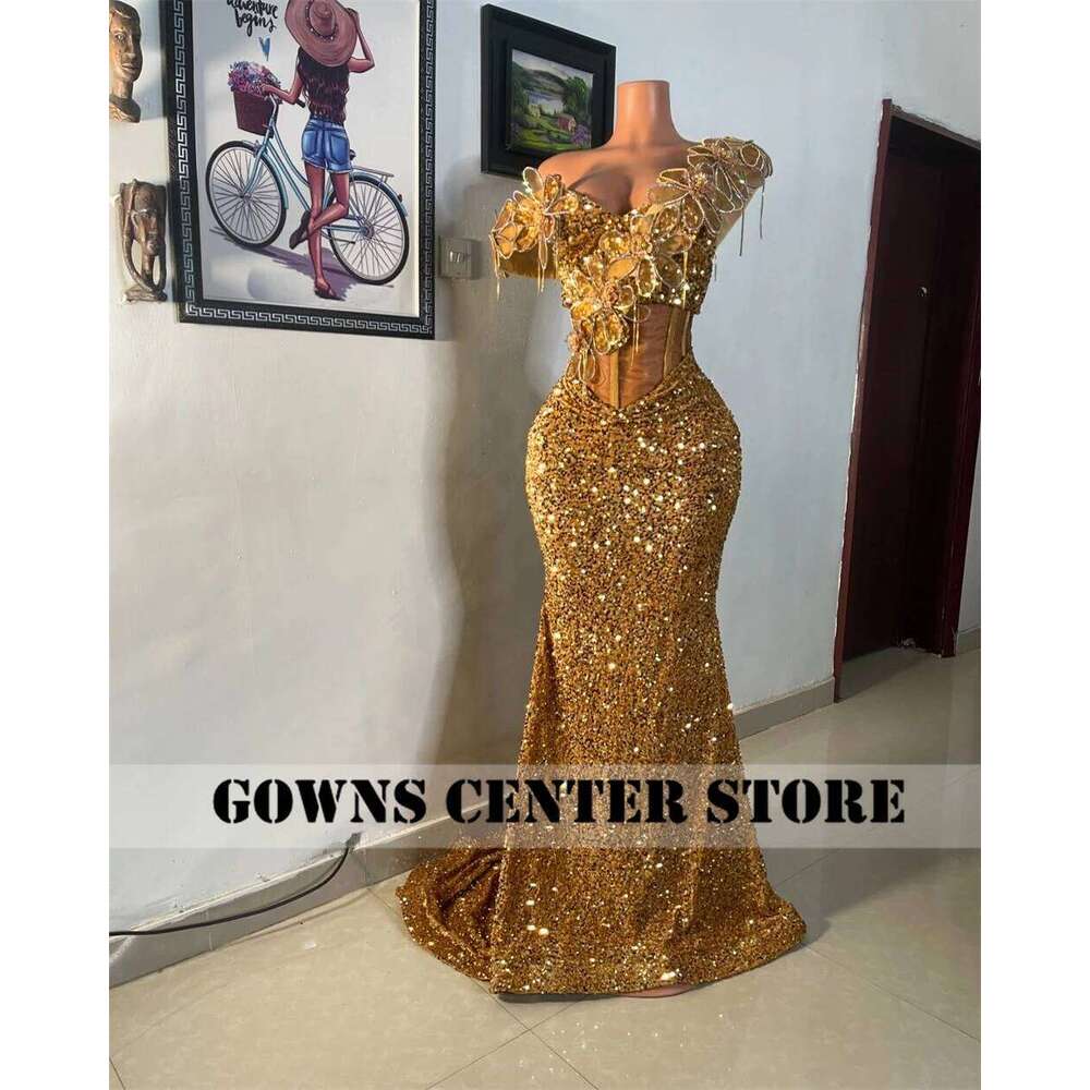Sparkle Golden Aso Ebi African Evening Dresses Ruched Off The Shoulder Mermaid Formal Party Gowns Women 2025 Customized